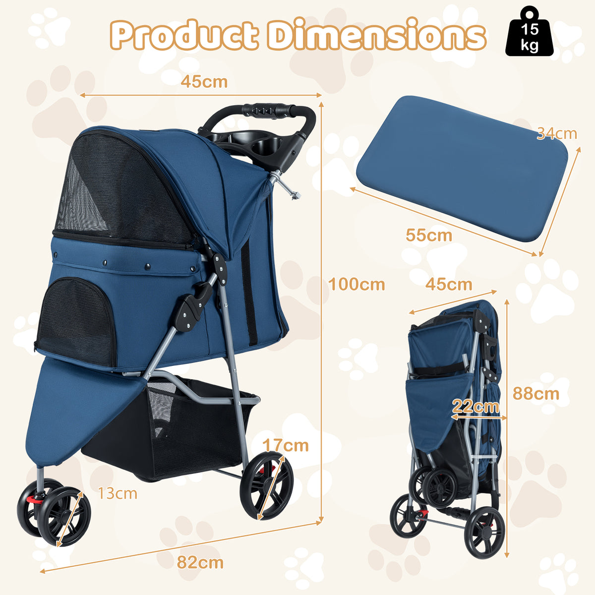 Pet Stroller with Adjustable Canopy and 3 Shock-absorbing Wheels-Navy