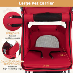 Pet Stroller with Adjustable Canopy and 3 Shock-absorbing Wheels-Red
