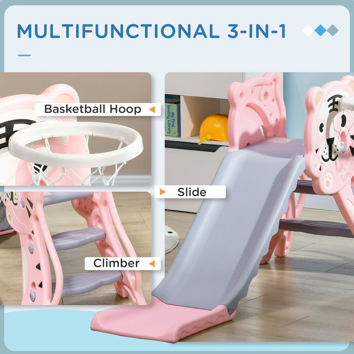 AIYAPLAY 3 in 1 Baby Slide for Indoor Use with Climber, Basketball Hoop, Basketball, for Ages 18-36 Months - Pink