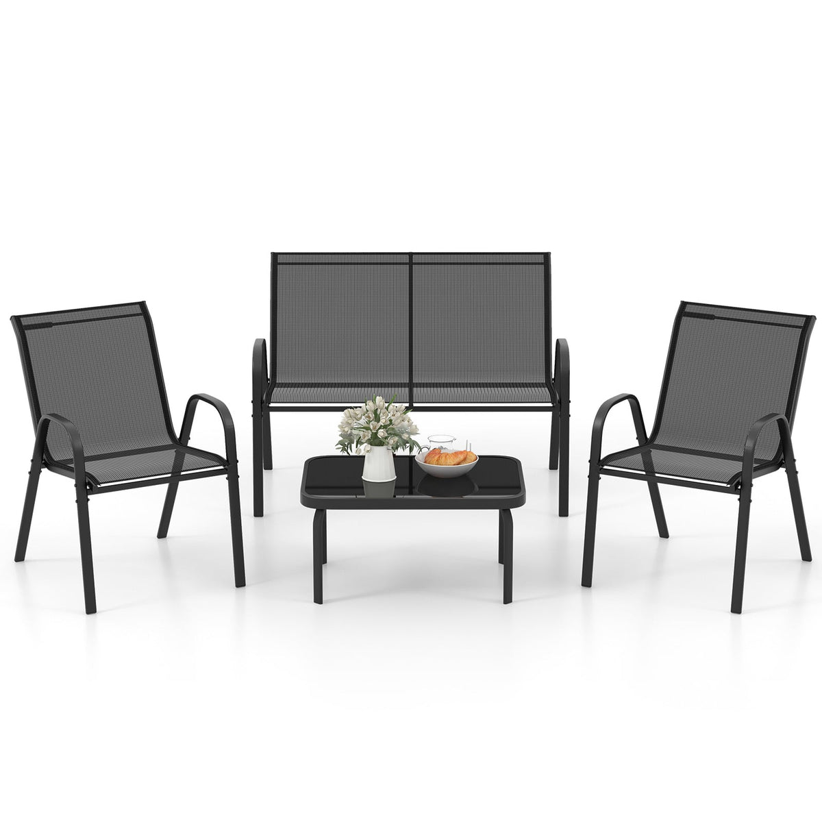 4 Piece Modern Chair and Table Set with Fabric Seat and Tempered Glass Tabletop-Black