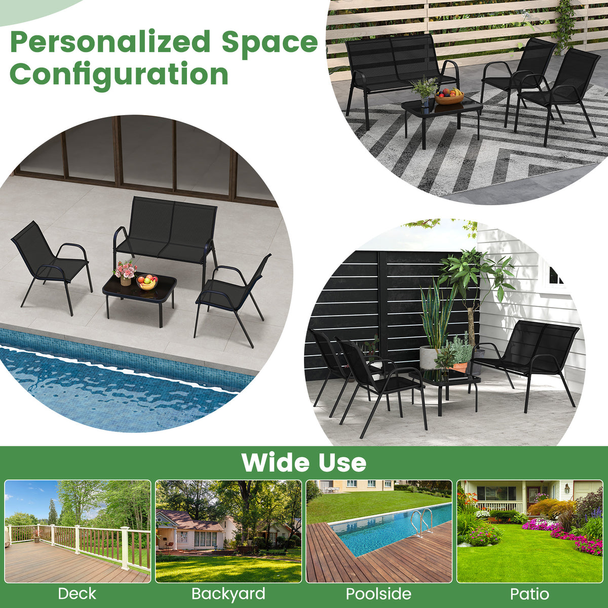 4 Piece Modern Chair and Table Set with Fabric Seat and Tempered Glass Tabletop-Black