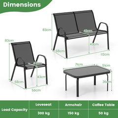 4 Piece Modern Chair and Table Set with Fabric Seat and Tempered Glass Tabletop-Black