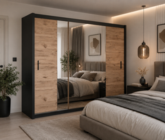 Black / Oak Viking Mirrored Sliding Door Wardrobe 250cm – CHESTER 2