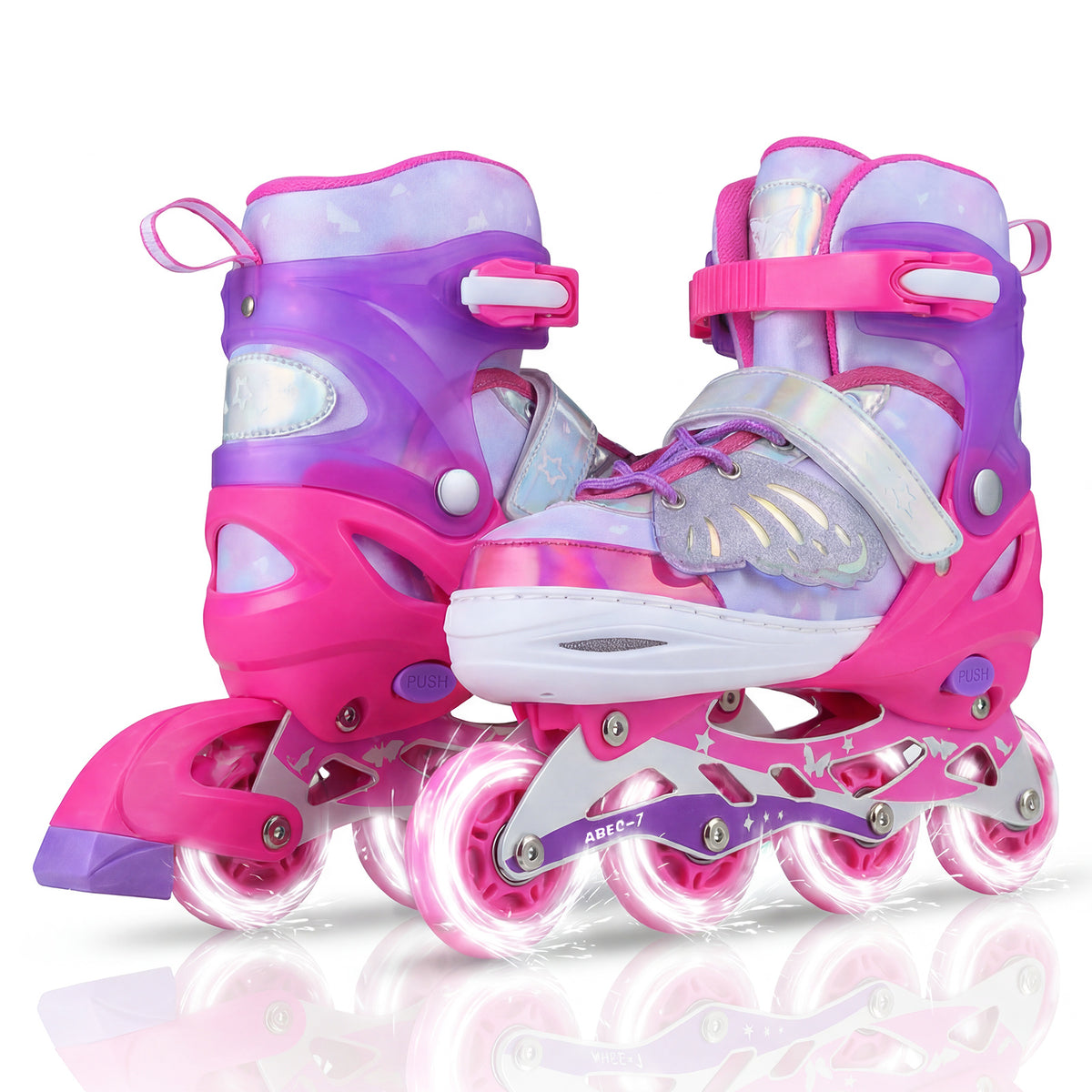 Children Roller Blades with Full Light Up PU Wheels and Brake for Beginners-Pink