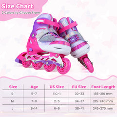 Children Roller Blades with Full Light Up PU Wheels and Brake for Beginners-Pink