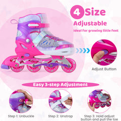 Children Roller Blades with Full Light Up PU Wheels and Brake for Beginners-Pink
