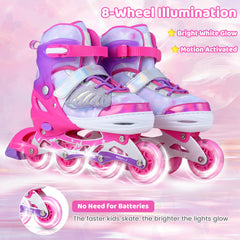 Children Roller Blades with Full Light Up PU Wheels and Brake for Beginners-Pink