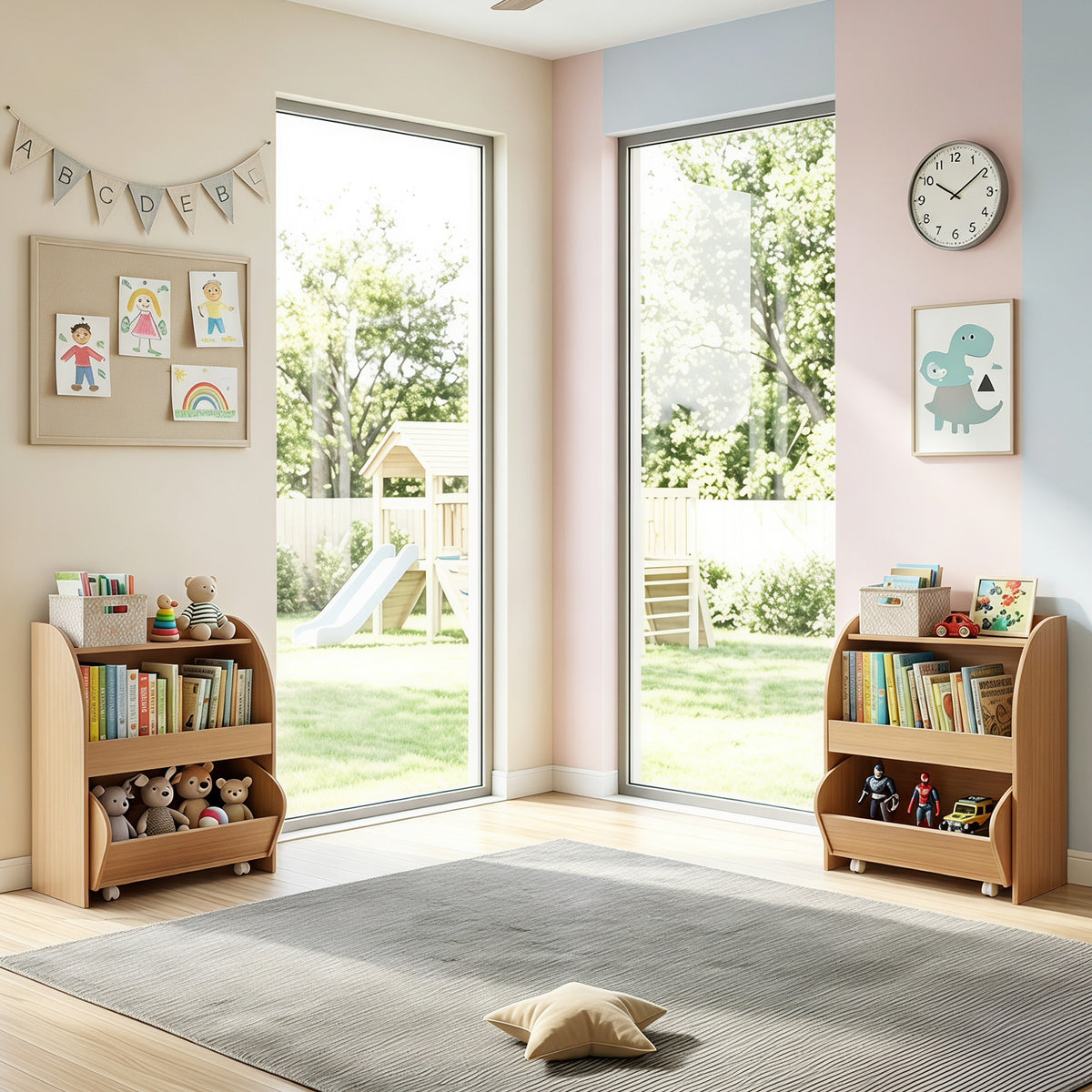 Children's Toy Storage Shelf with 2 Open Shelves and a Wheeled Drawer for Children's Bedroom-Natrual