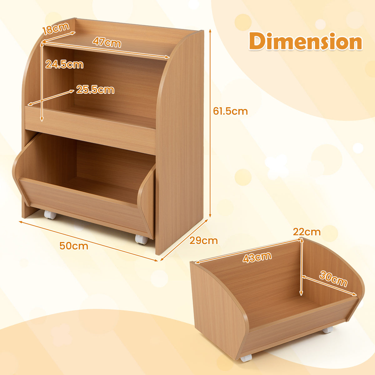 Children's Toy Storage Shelf with 2 Open Shelves and a Wheeled Drawer for Children's Bedroom-Natrual