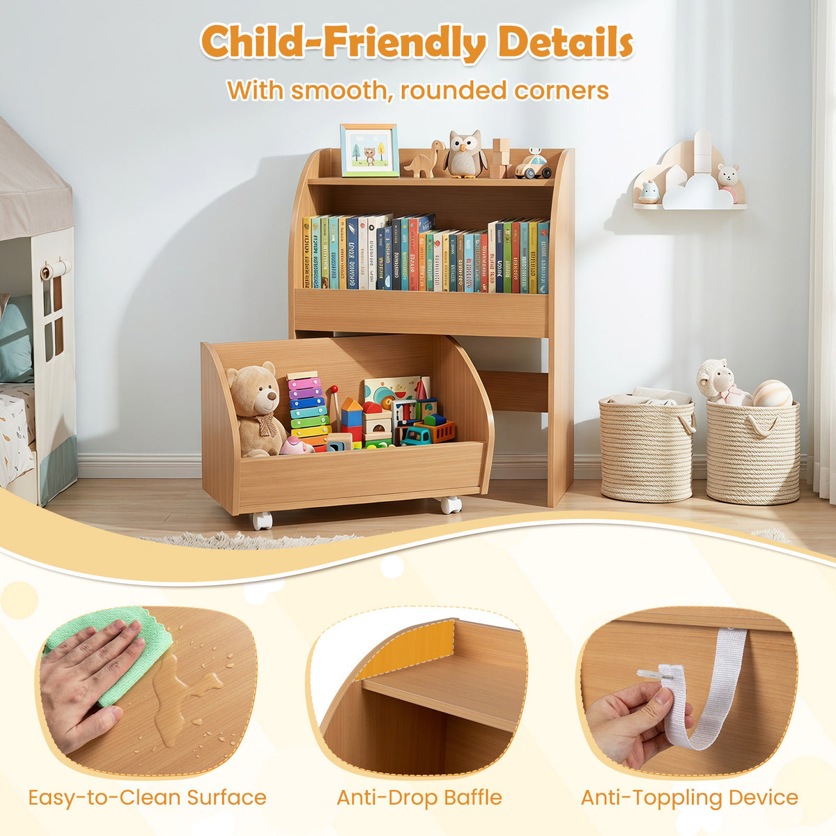Children's Toy Storage Shelf with 2 Open Shelves and a Wheeled Drawer for Children's Bedroom-Natrual