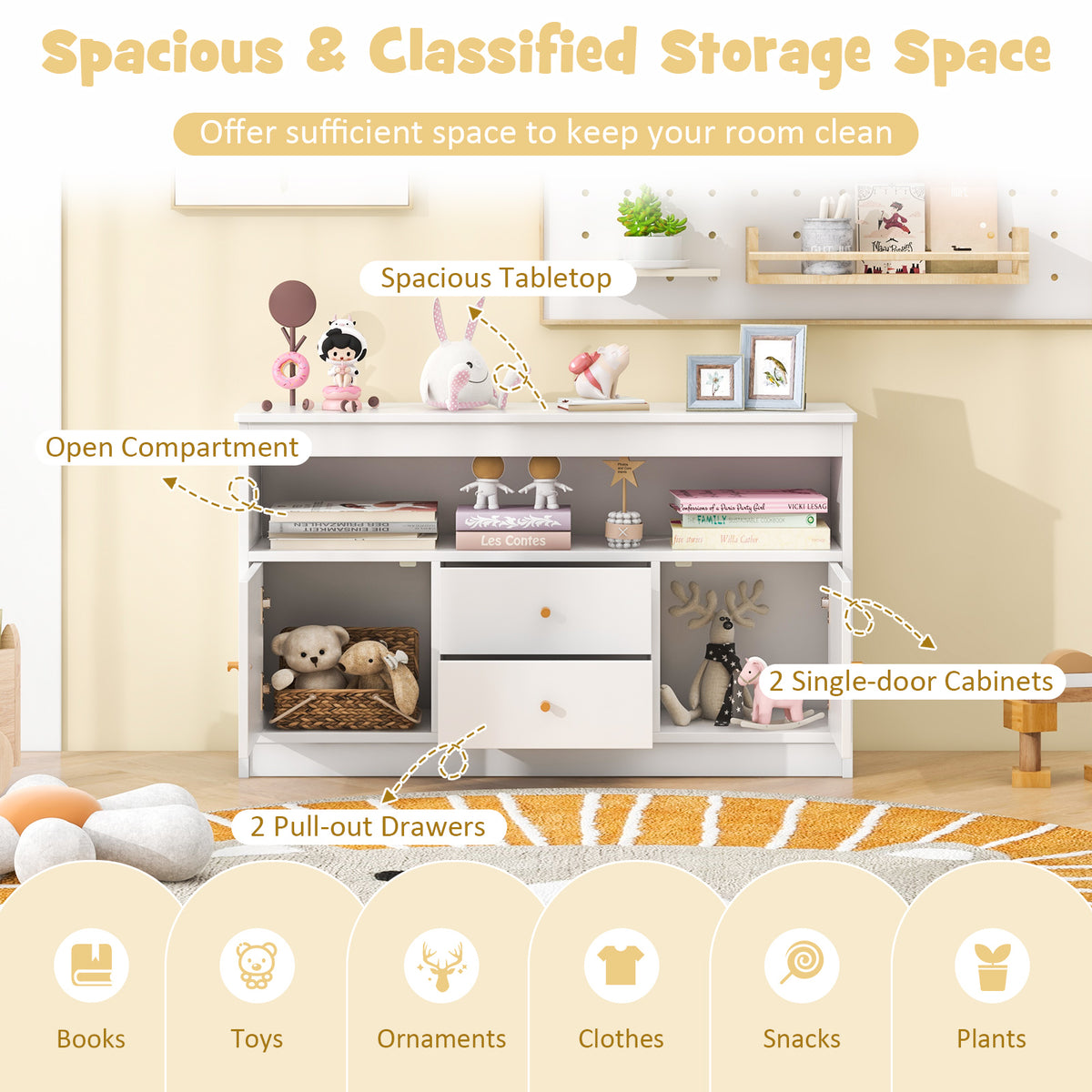 Wooden Kids Toy Children Bookshelf Storage Chest with Open Shelf-White