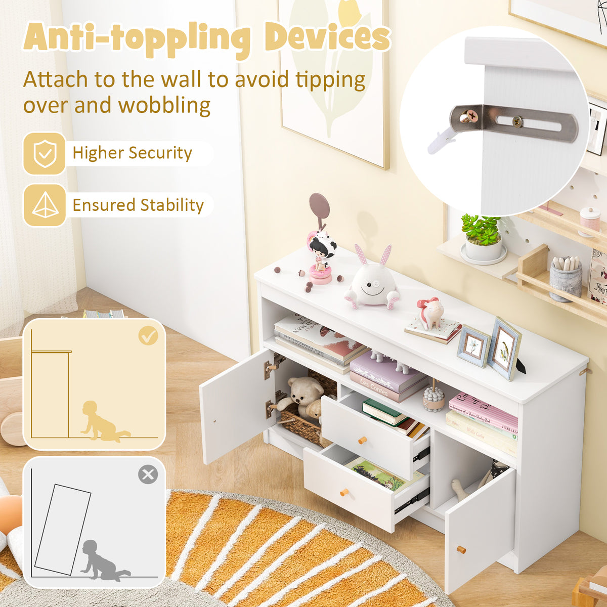 Wooden Kids Toy Children Bookshelf Storage Chest with Open Shelf-White