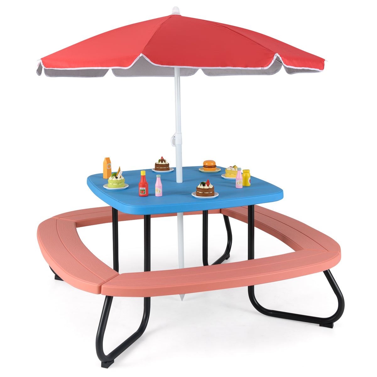 Children HDPE Kids Picnic Table with Height Adjustable Umbrella-Blue