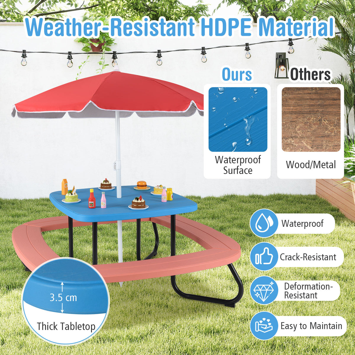 Children HDPE Kids Picnic Table with Height Adjustable Umbrella-Blue