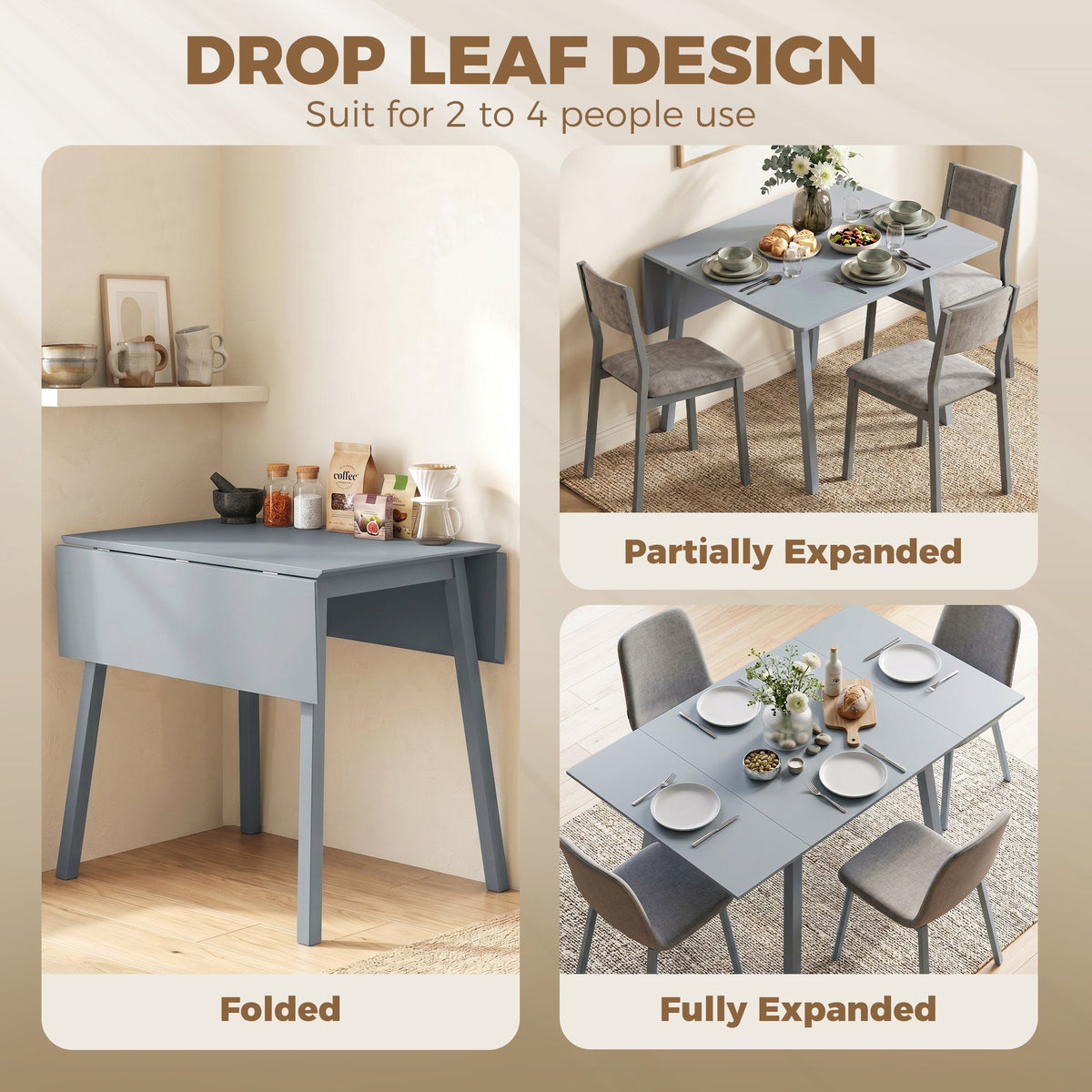 HOMCOM Solid Wood Folding Dining Table, Drop Leaf Table for 2-4 People, Rectangle Kitchen Table