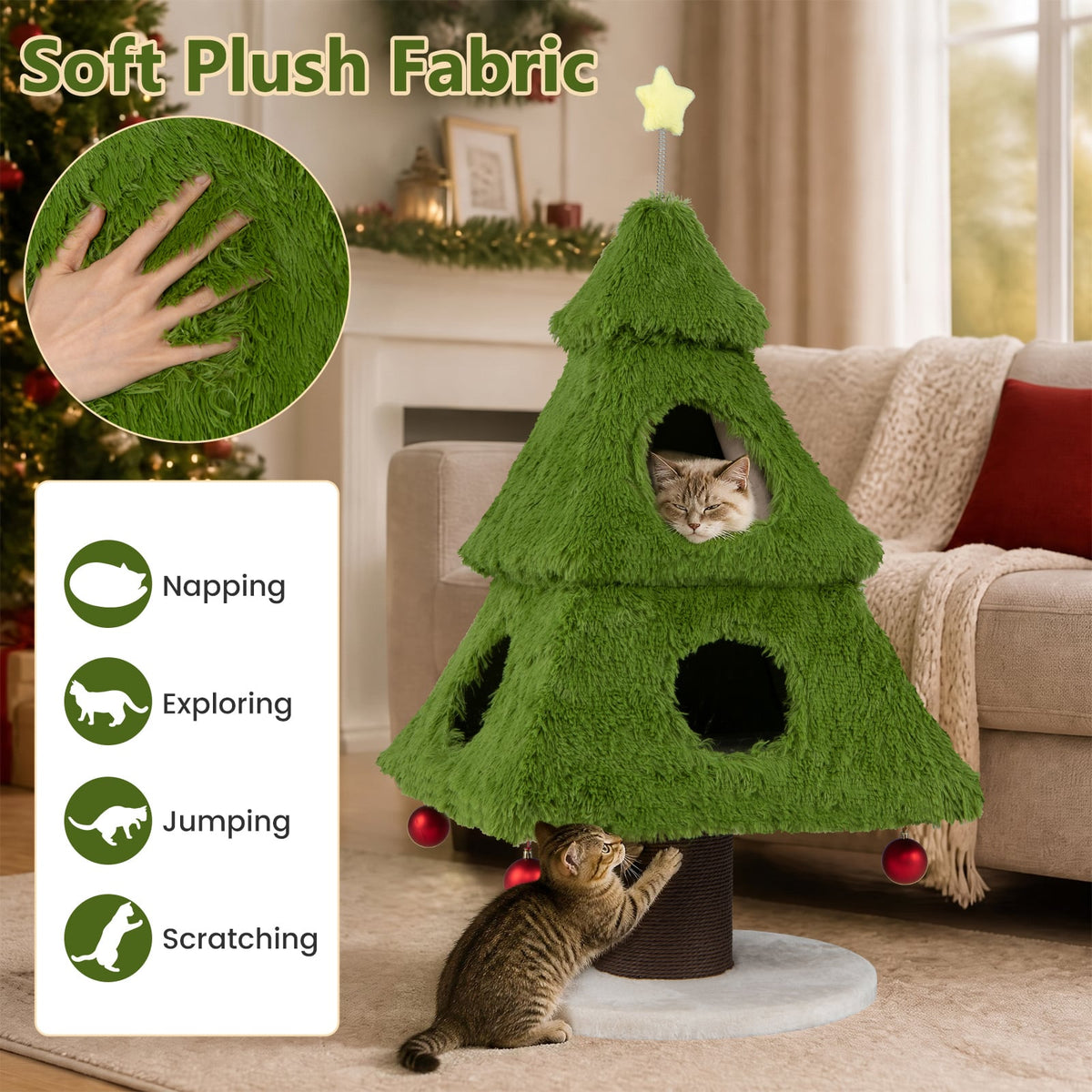 Christmas Cat Tree with Scratching Post and Dangling Balls-Green