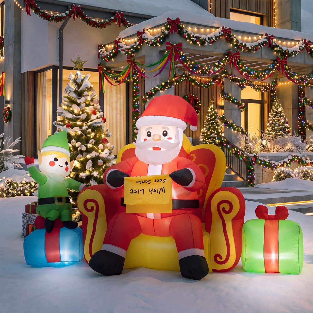 Christmas Inflatable Santa Claus on Sofa with Elf and Gift Boxes Built-in LED Lights