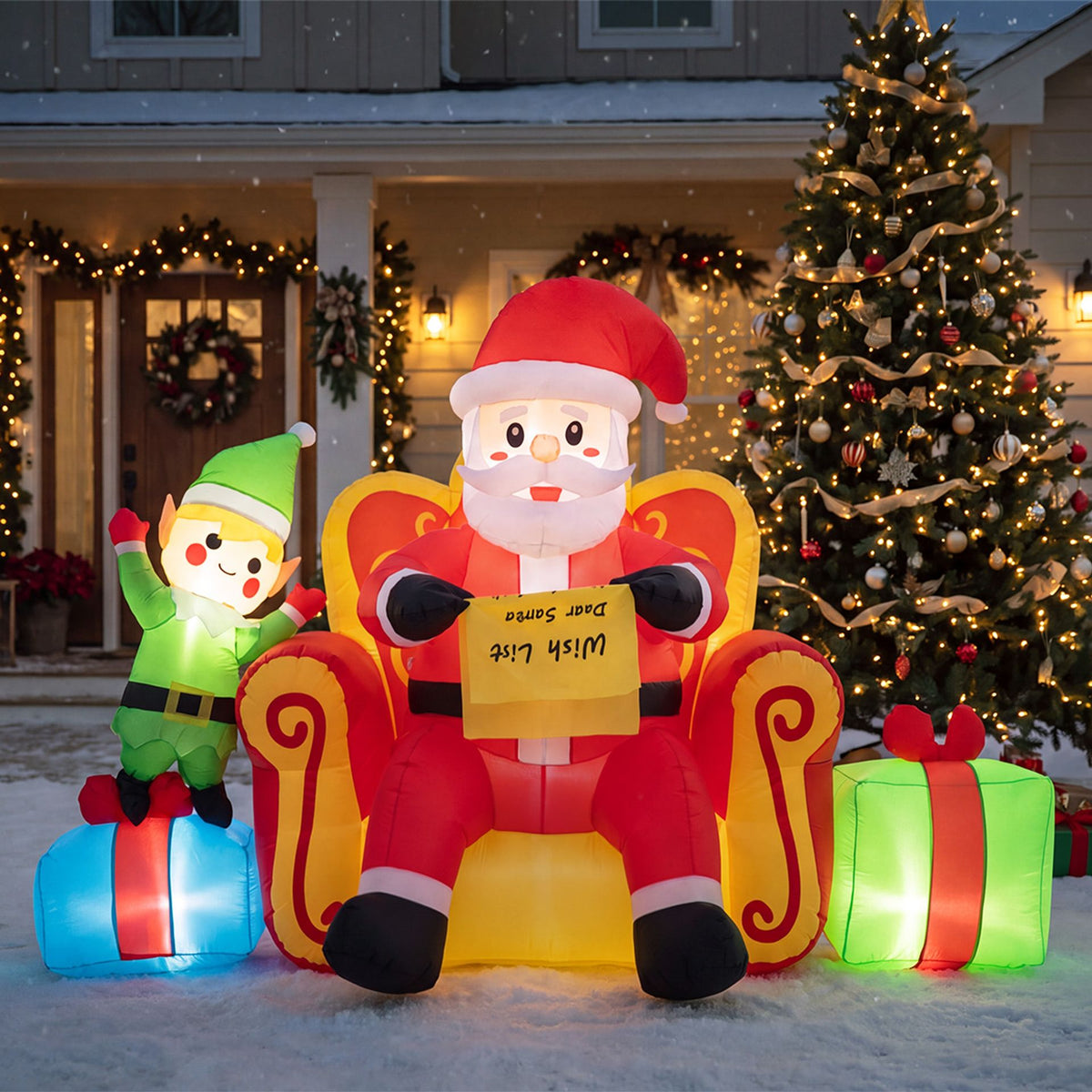 Christmas Inflatable Santa Claus on Sofa with Elf and Gift Boxes Built-in LED Lights