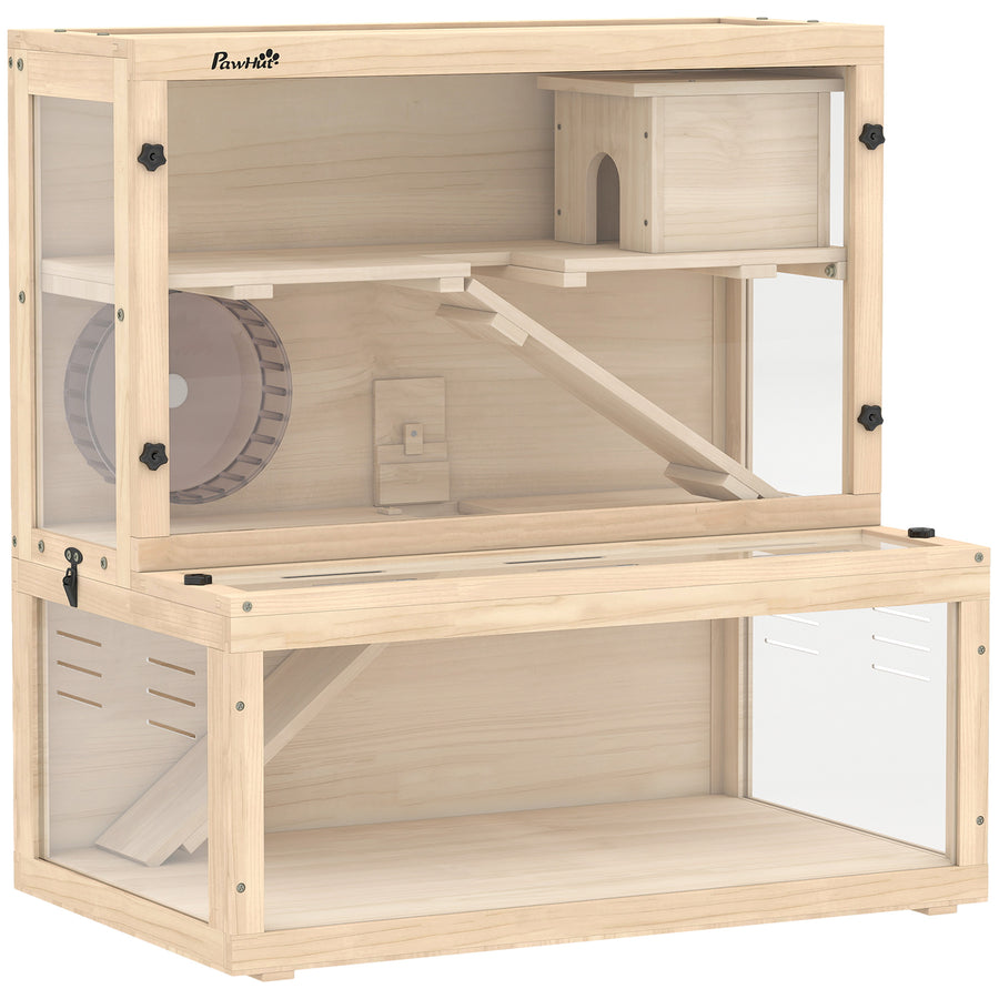 PawHut Wooden Hamster Cage with Hut, Wheel, Ramps, Removable Viewing Panels, 80 x 50 x 84 cm, Natural