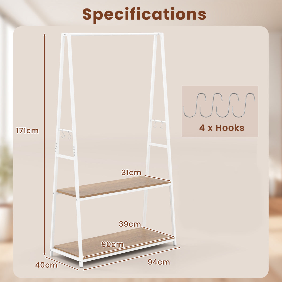 Clothes Rack with 2 Shelves for Laundry Room Bed Room-Natural