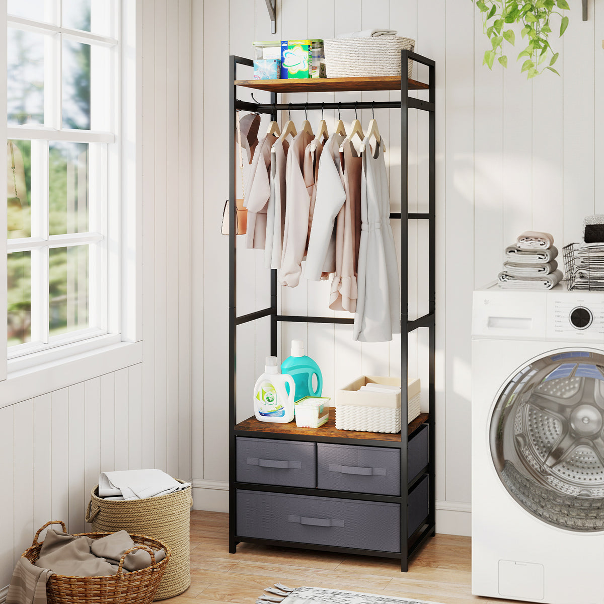 Clothes Rack with Drawers and Shelves for Entryway and Bedroom-Rustic Brown
