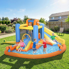 AIYAPLAY 5 in 1 Bouncy Castle for Children, Inflatable Bounce House with Dual Slides, Pool, Climbing Wall, Water Cannons, Blower