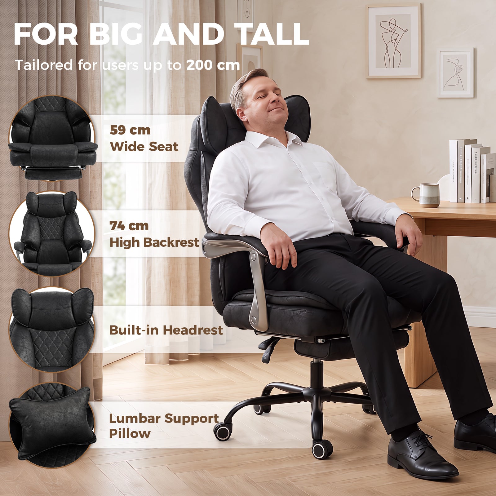 HOMCOM Executive Office Chair, Leathaire Big and Tall Office Chair 180 kg with Wide Seat, Reclining, Lumbar Support, Black