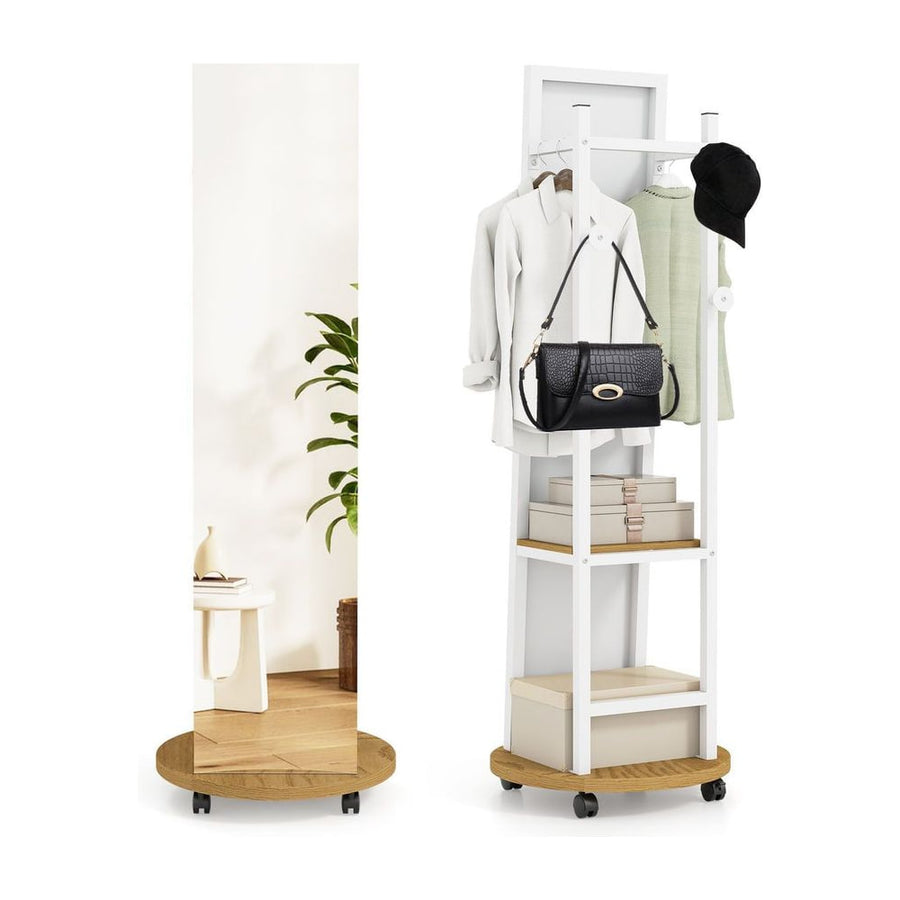 Coat Rack with Full Length Mirror Freestanding Coat Tree with 3 Hooks-Natural