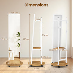 Coat Rack with Full Length Mirror Freestanding Coat Tree with 3 Hooks-Natural