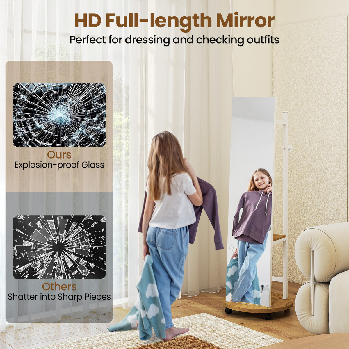 Coat Rack with Full Length Mirror Freestanding Coat Tree with 3 Hooks-Natural
