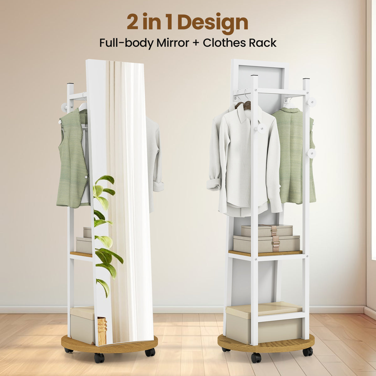 Coat Rack with Full Length Mirror Freestanding Coat Tree with 3 Hooks-Natural