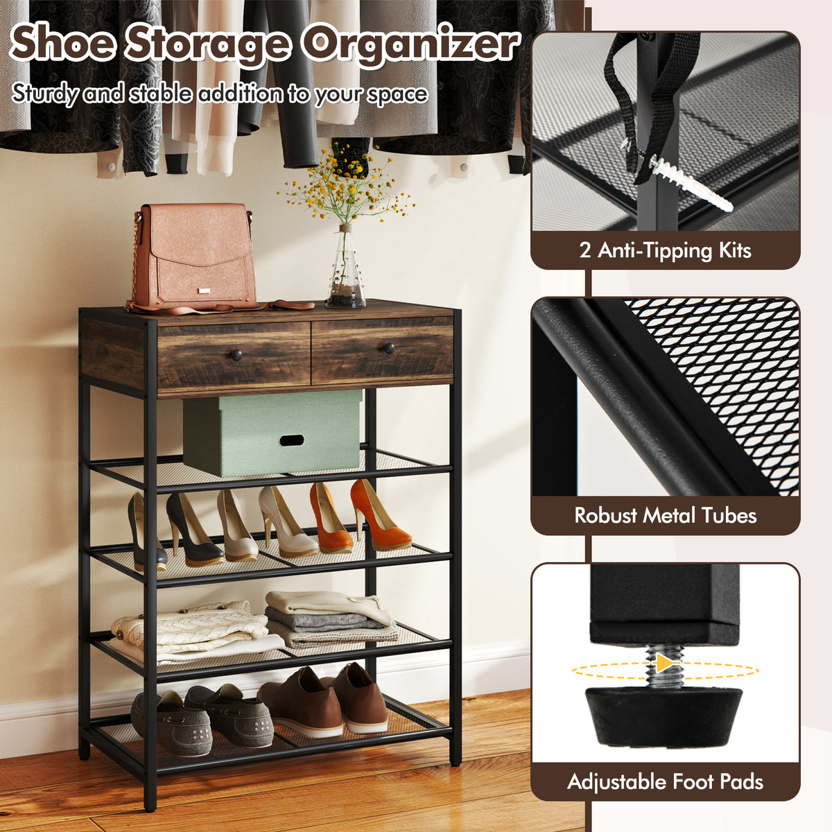 Coat Rack Shoe Stand Set with Wall-Mounted Coat Rack and Drawers-Brown