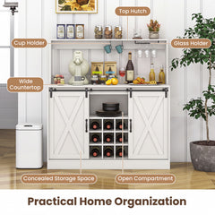 Coffee Bar Cabinet with Charging Station and Sliding Doors-White