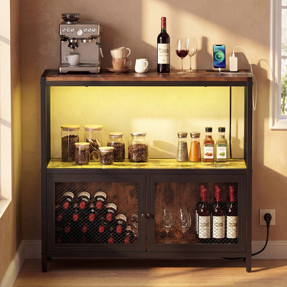 The sideboards cabinet is shown in a kitchen setting with coffee machine and wine bottles