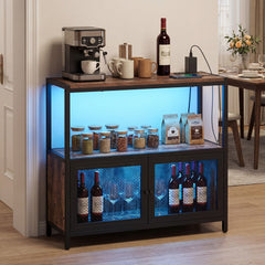 This sideboards cabinet is illuminated with colourful LED lights in a dining room