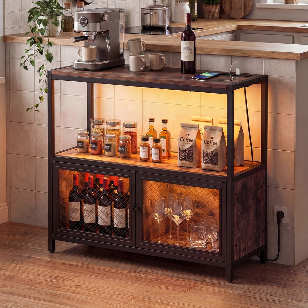 The sideboards cabinet is displayed in a home interior with kitchenware