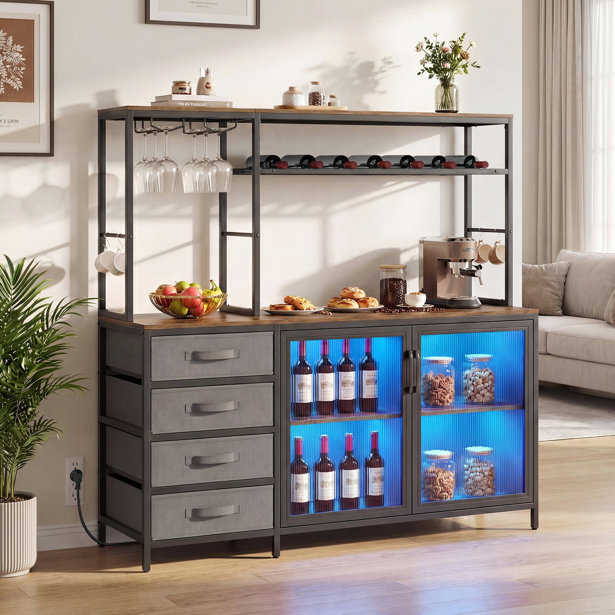 Coffee Bar Cabinet with LED Lights Charging Station-Rustic Brown