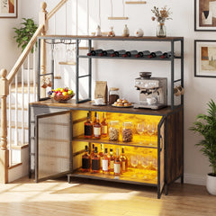 Coffee Bar Cabinet with LED Lights Charging Station-Rustic Brown