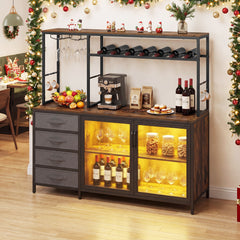 Coffee Bar Cabinet with LED Lights Charging Station-Rustic Brown