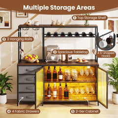 Coffee Bar Cabinet with LED Lights Charging Station-Rustic Brown