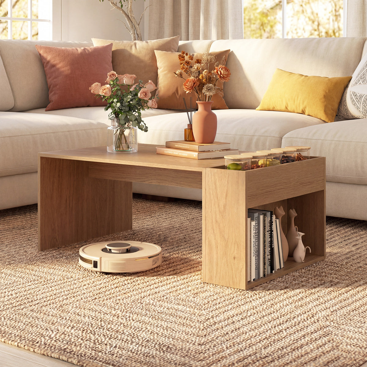 Coffee Table 85cm Coffee Table with Double-Layer Storage Space-Natural