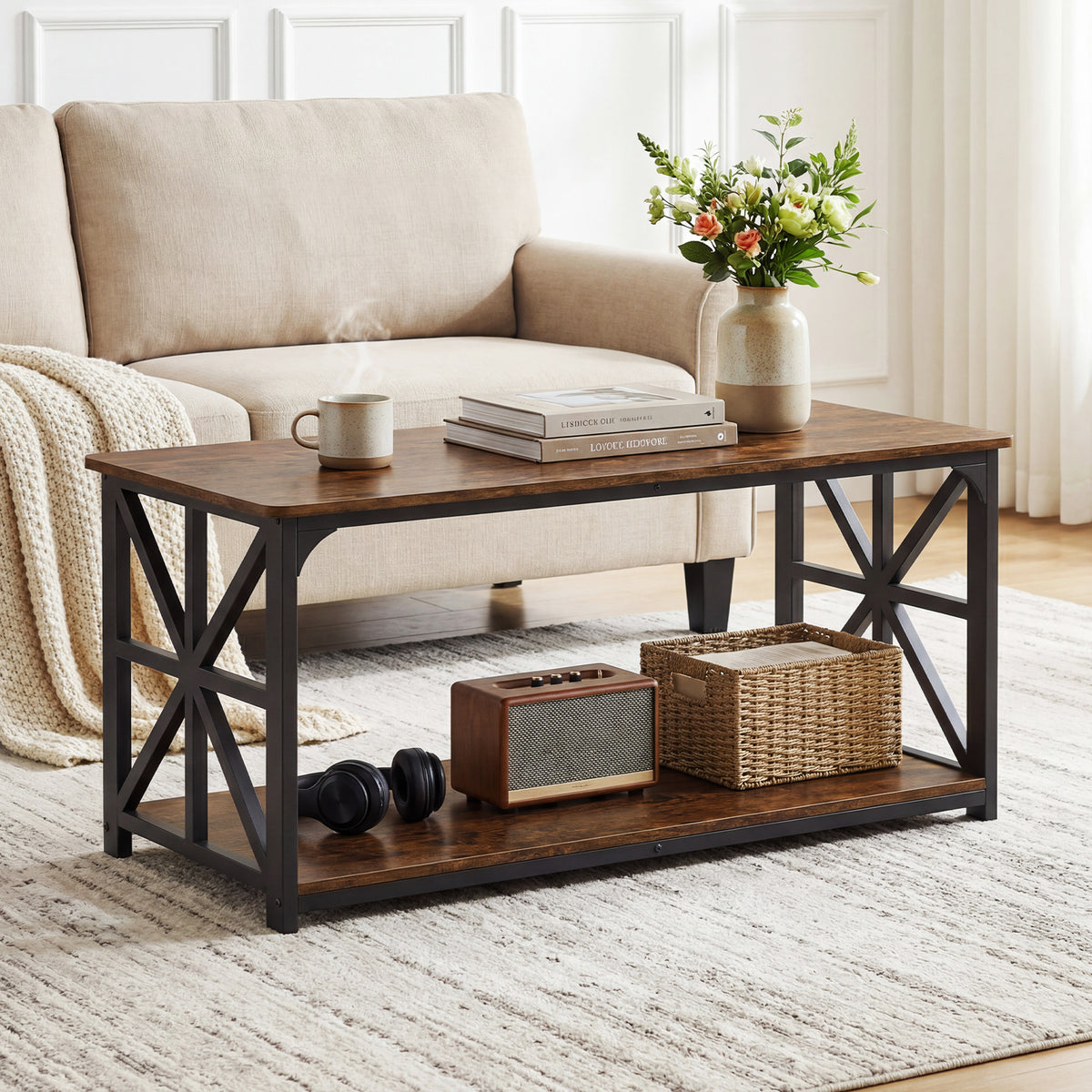 Coffee Table Industrial Farmhouse Accent Table with Open Storage Shelf-Rustic Brown