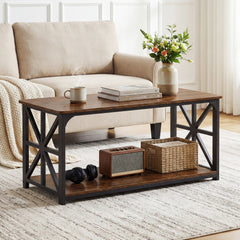 Coffee Table Industrial Farmhouse Accent Table with Open Storage Shelf-Rustic Brown