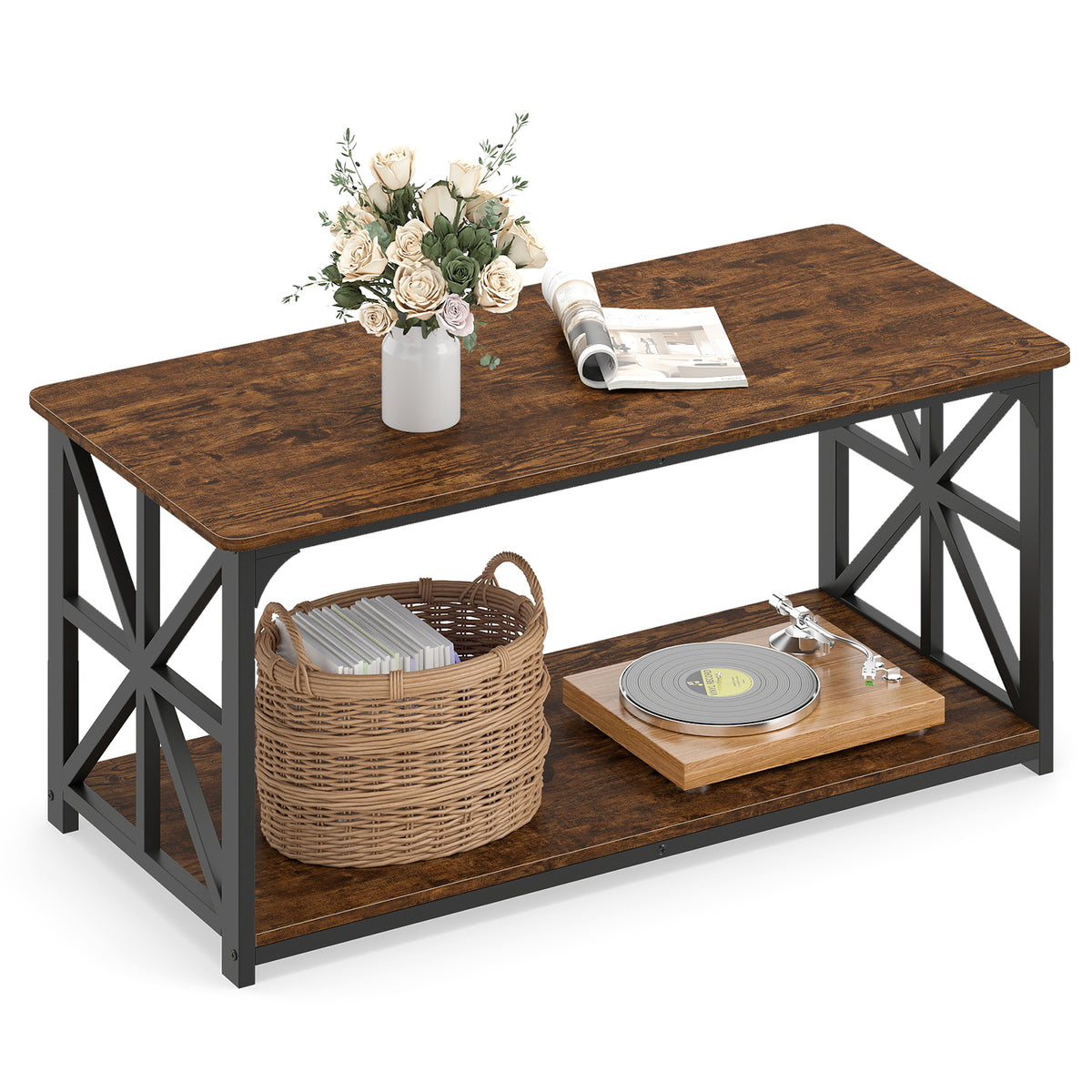 Coffee Table Industrial Farmhouse Accent Table with Open Storage Shelf-Rustic Brown