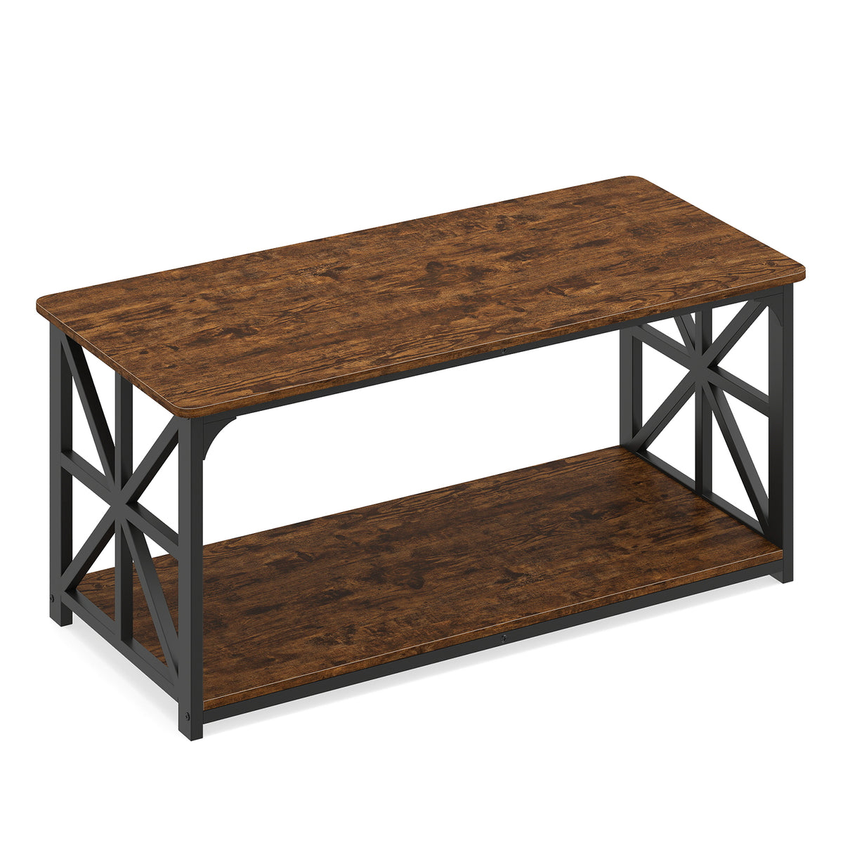 Coffee Table Industrial Farmhouse Accent Table with Open Storage Shelf-Rustic Brown