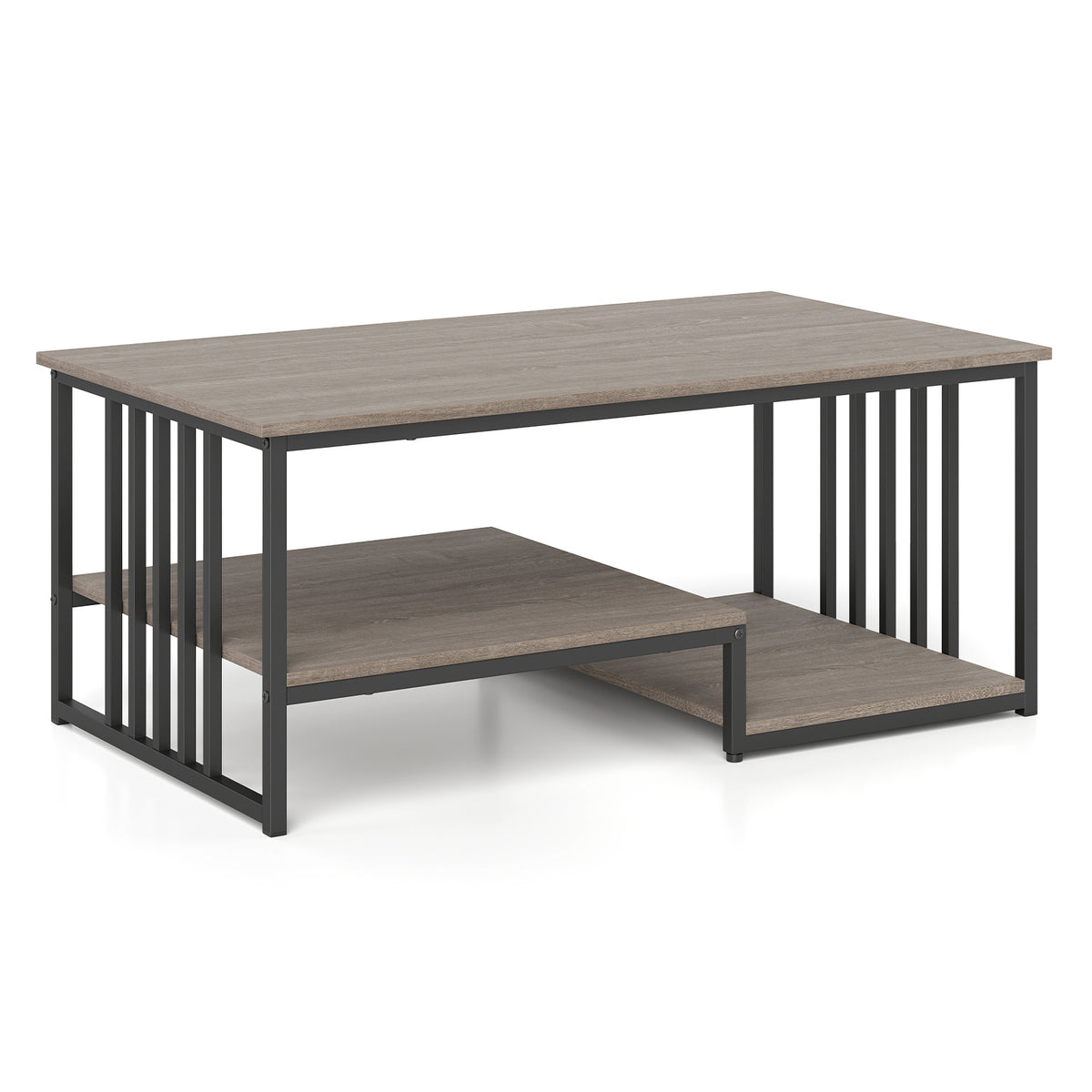 Coffee Table Rectangular Center Table with 2 Storage Shelves and Heavy-duty Metal Frame-Grey