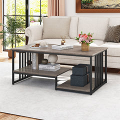 Coffee Table Rectangular Center Table with 2 Storage Shelves and Heavy-duty Metal Frame-Grey