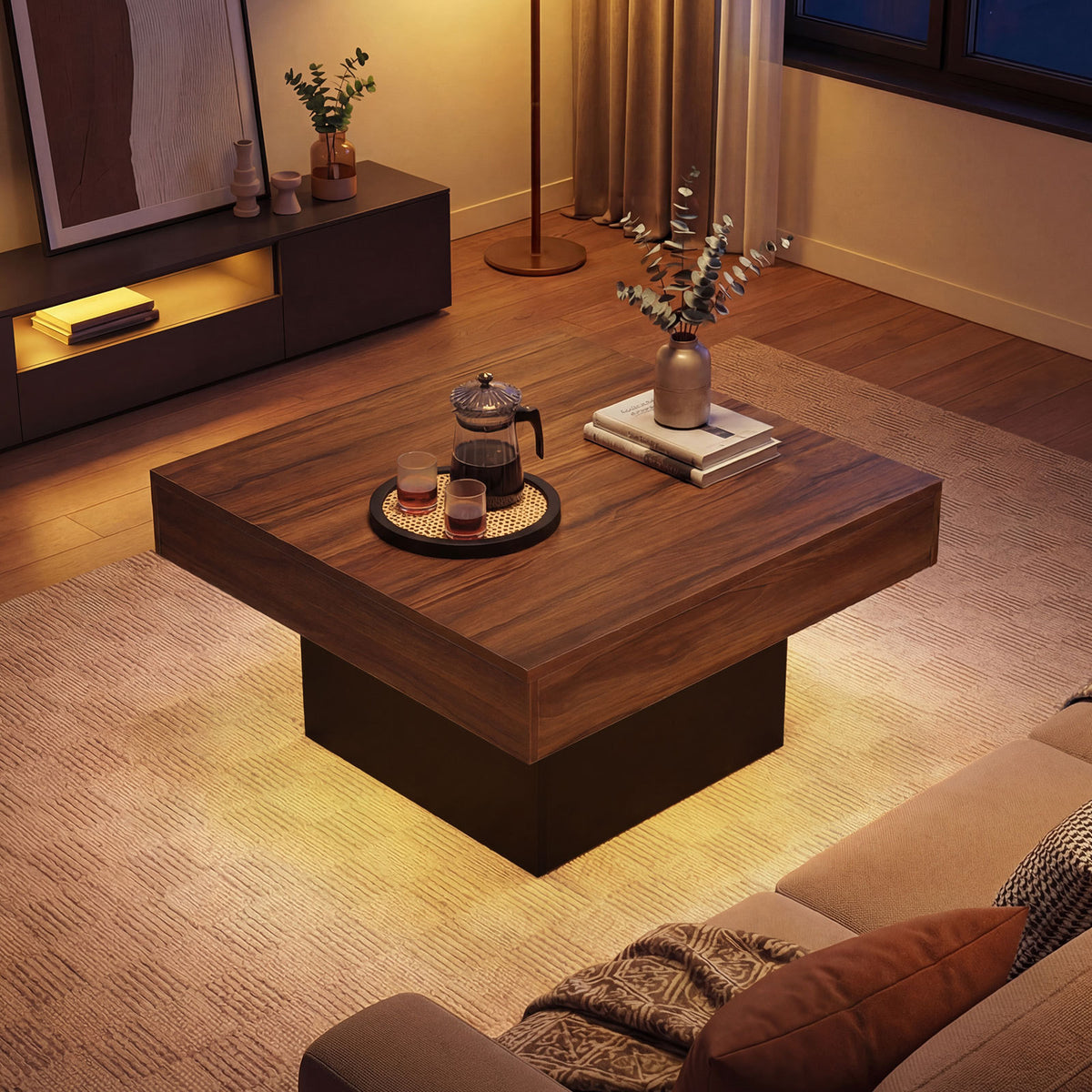 Coffee Table with LED Lights Square Center Table with Remote and 20 Static Colors-Coffee