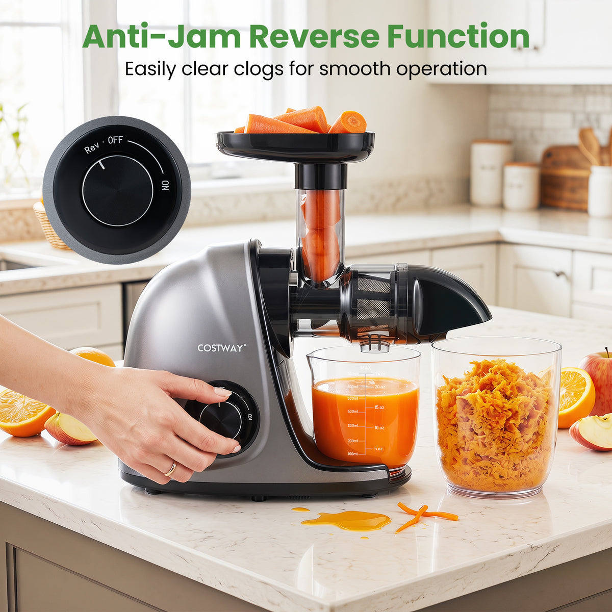Cold Press Juicer Machine with Anti-Jam Reverse and 150W Quiet Motor-Silver