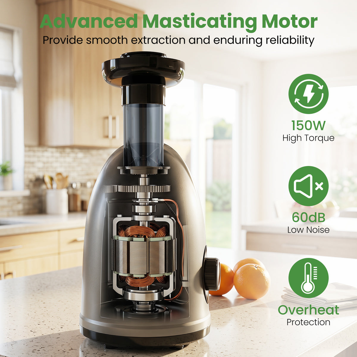 Cold Press Juicer Machine with Anti-Jam Reverse and 150W Quiet Motor-Silver